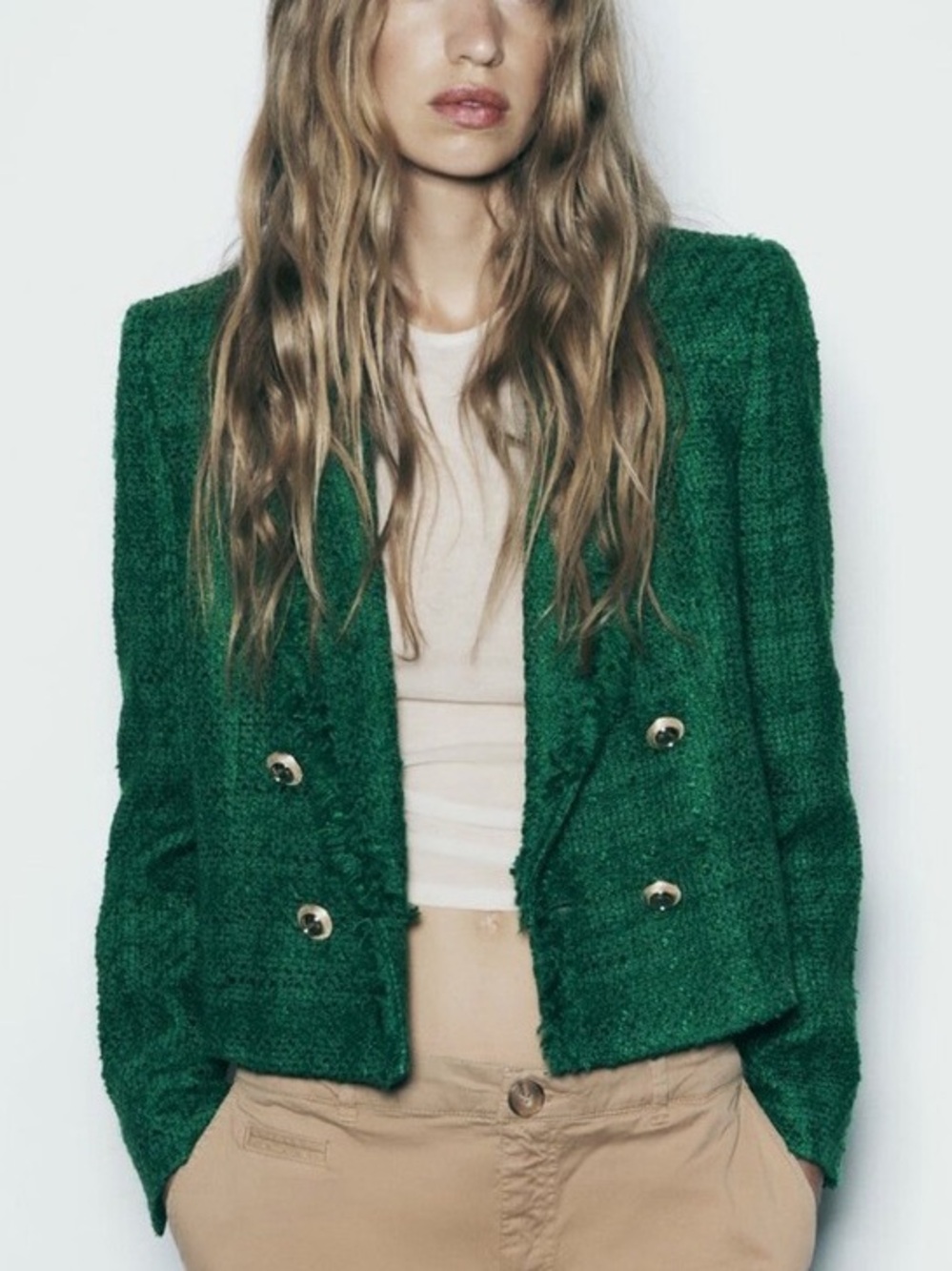 Zara Frayed Cropped Textured Blazer